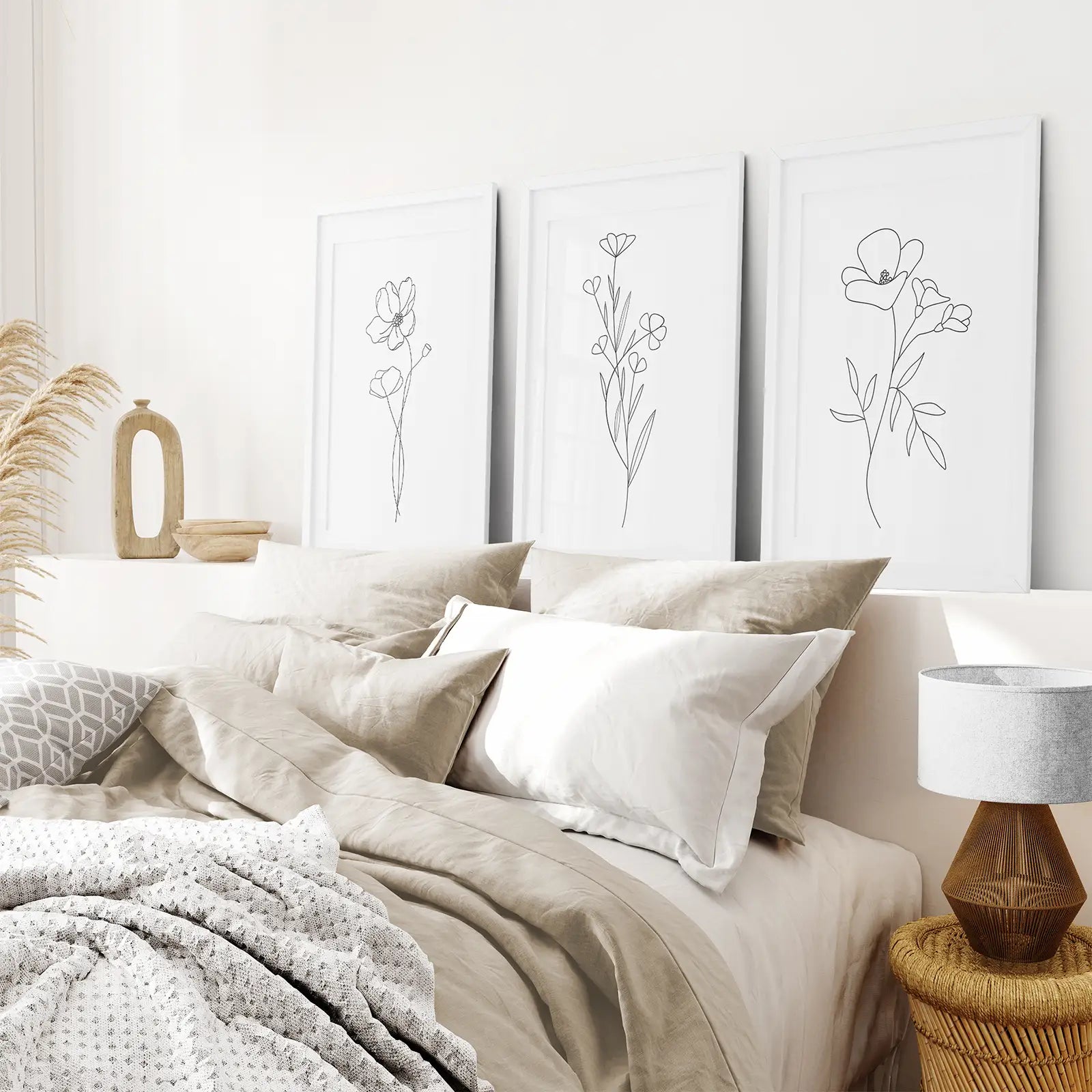 Set Of 3 Prints Flower Line Art Trendy Modern Wall Decor. White Frames with Mat for Bedroom.