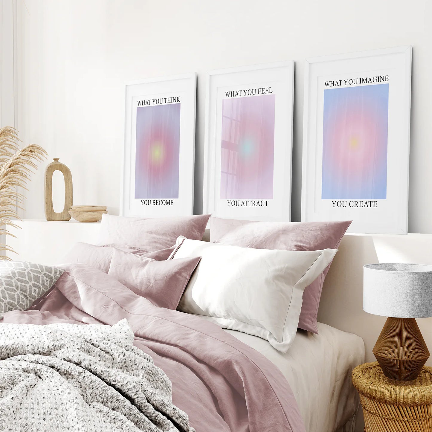 Higher Self Aesthetic Art Poster. White Frames with Mat Over the Bed.