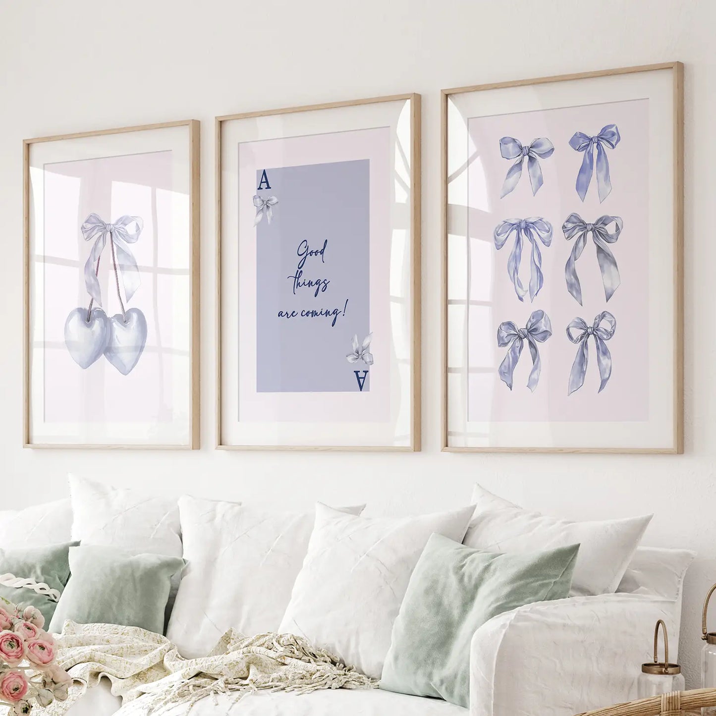 Coquette Preppy Wall Art Home Decor Printable Set. Thinwood Frames with Mat Over the Couch.