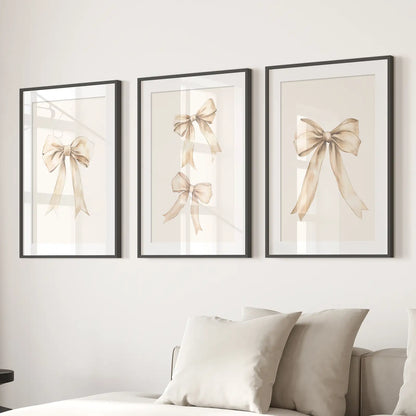 Preppy Aesthetic Pastel Ribbon Print Modern Art Decor. Black Frames with Mat Over the Couch.