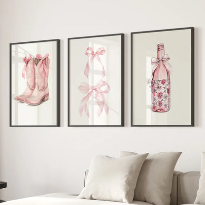 Trendy Modern Pink Girly House Decor Poster Set. Black Frames Above the Sofa.