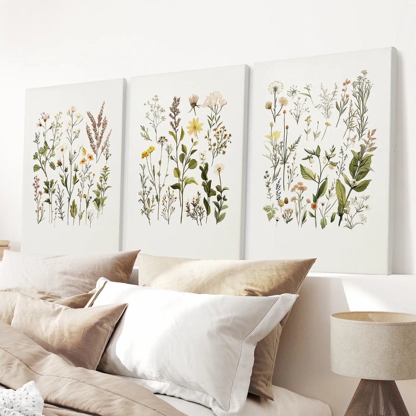Neutral dried wildflowers print. Botanical decor set. Wrapped canvas above the bed.