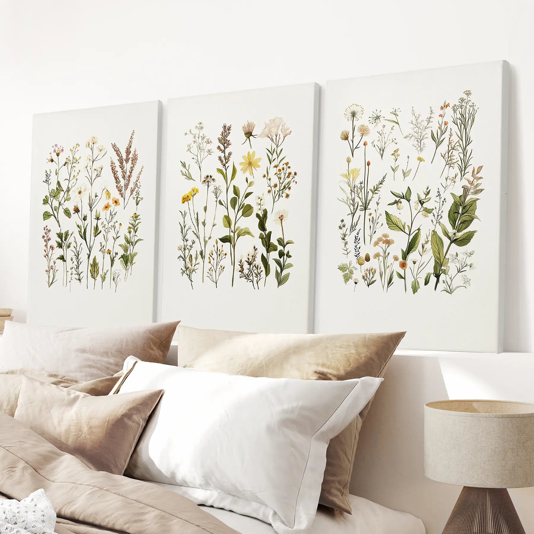 Neutral dried wildflowers print. Botanical decor set. Wrapped canvas above the bed.