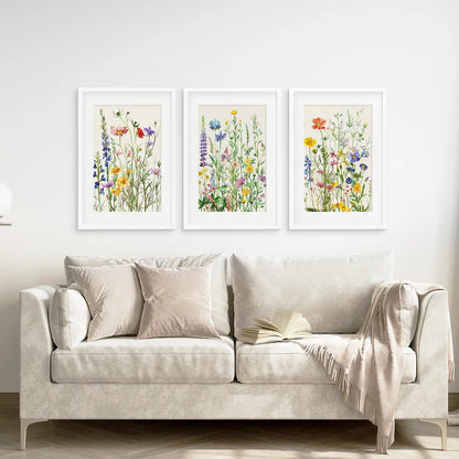 Meadow flowers Painting Room Decor Prints. White Frames with Mat Over the Couch.