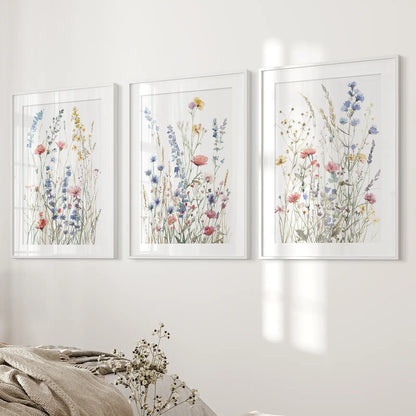 Gift For Her Watercolor Botanical Wall Art. White Frames with Mat for Bedroom.