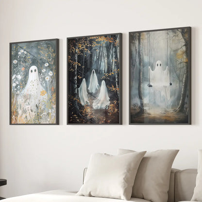 Trendy Autumn Seasonal Decor Print Set. Black Frames Above the Sofa.