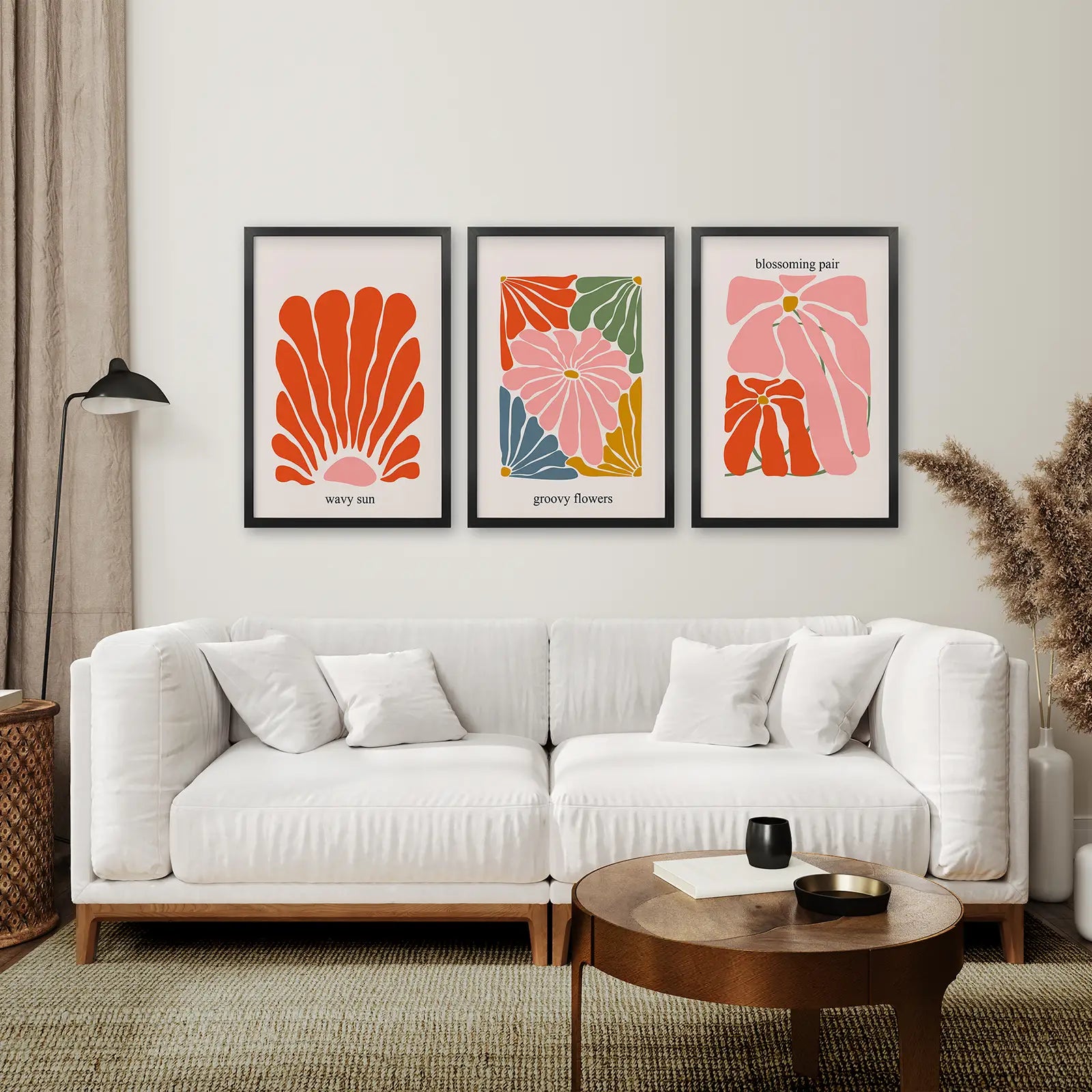 Set of 3 Botanical Wall Art Henri Matisse Poster. Black Frames Over the Coach.