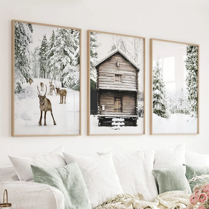 Christmas Theme Wall Art Set. Reindeer, Log Cabin, Forest