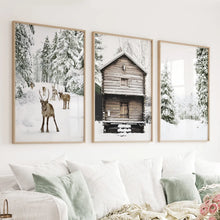 Load image into Gallery viewer, Christmas Theme Wall Art Set. Reindeer, Log Cabin, Forest

