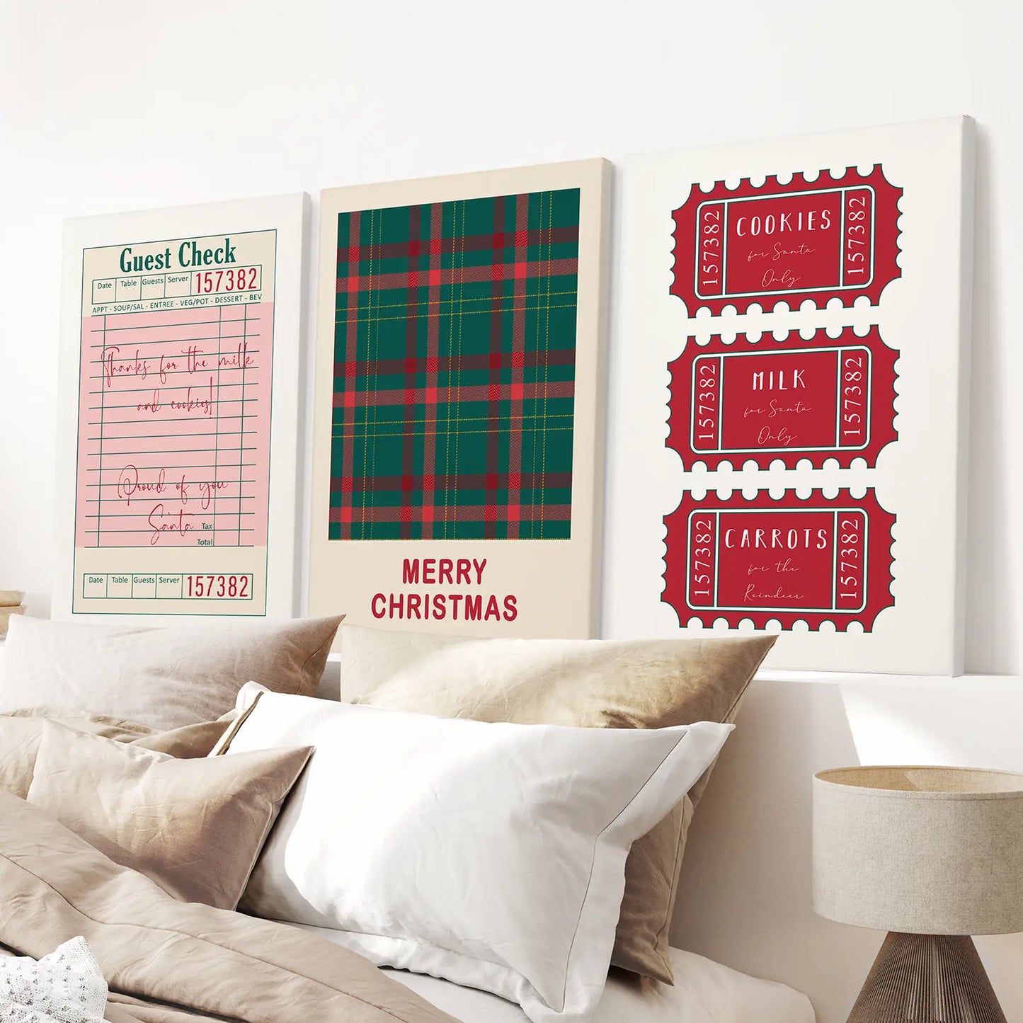 Festive gift retro poster. Trendy christmas print holiday wall art decor. Stretched Canvas over the bed.