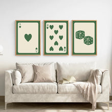 Load image into Gallery viewer, 8 Of Hearts,Green Ace, Roll the Dice Wall Prints. Thin Wood Frames Above the Coach. 
