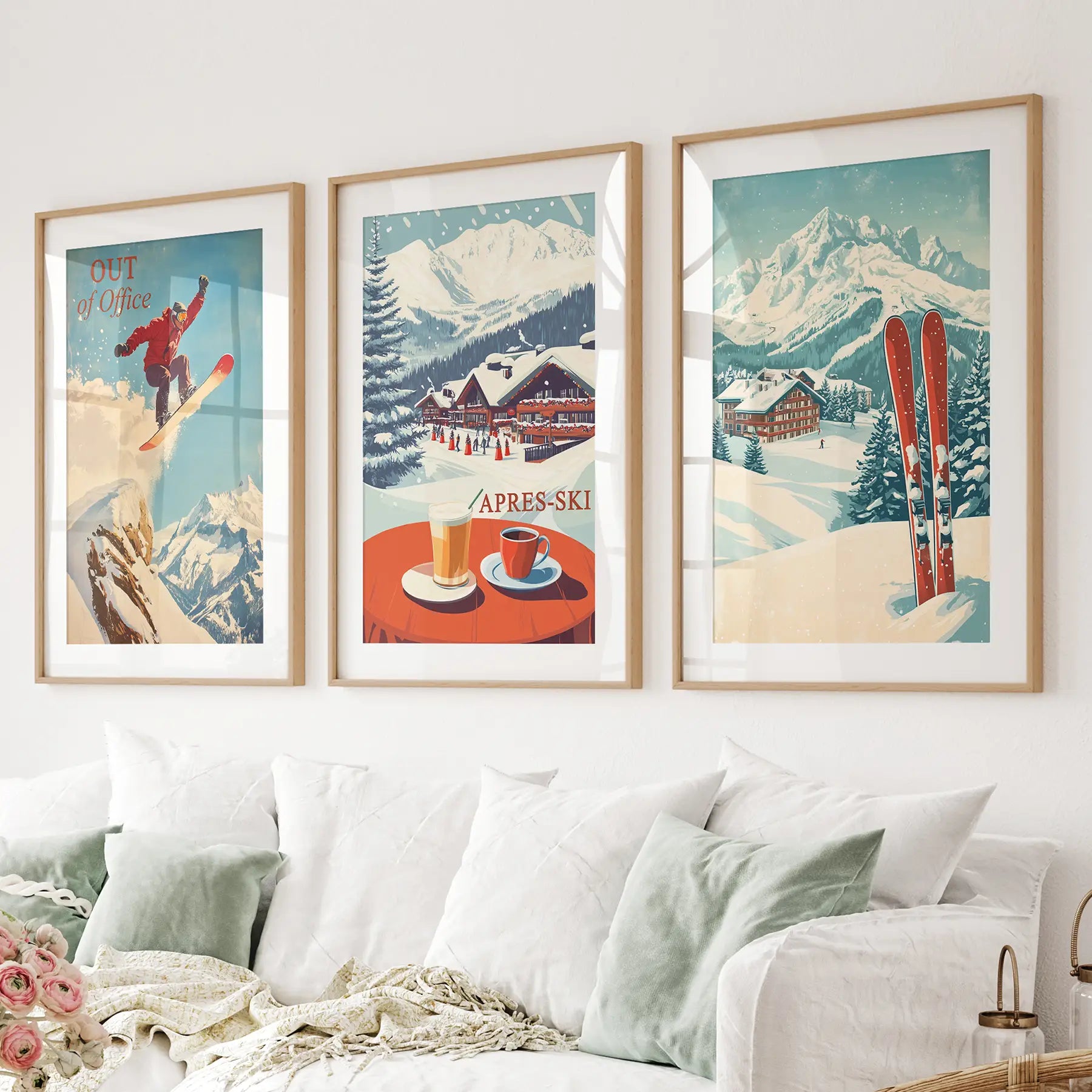 Ski cabin wall decor, après ski poster set of 3 alpine prints. Thinwood frames with mat for living room.