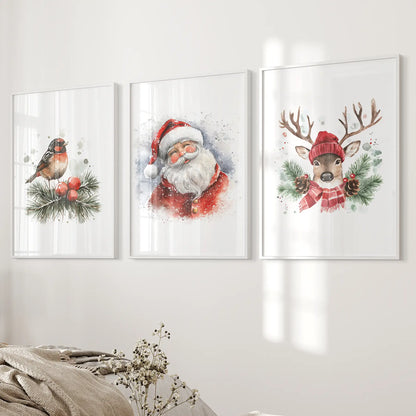 Watercolor reindeer Christmas artwork, perfect for holiday gift decor. White frames over the bed.