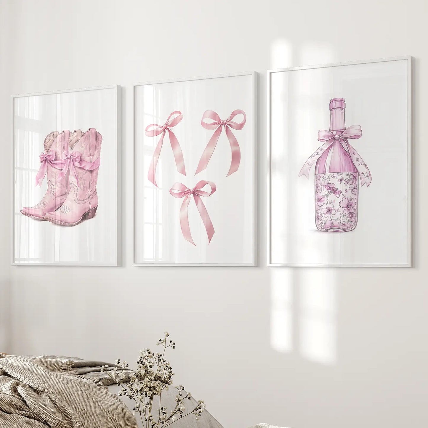 Pink Bows Poster Large Wall Decor Trendy Art Set. White Frames Over the Bed.