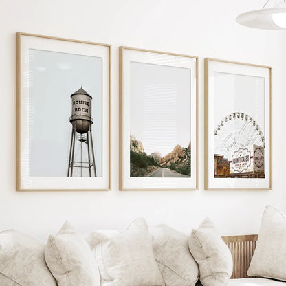 Texas Travel Set of 3 Prints. Water Tower, Ferris Wheel, Road