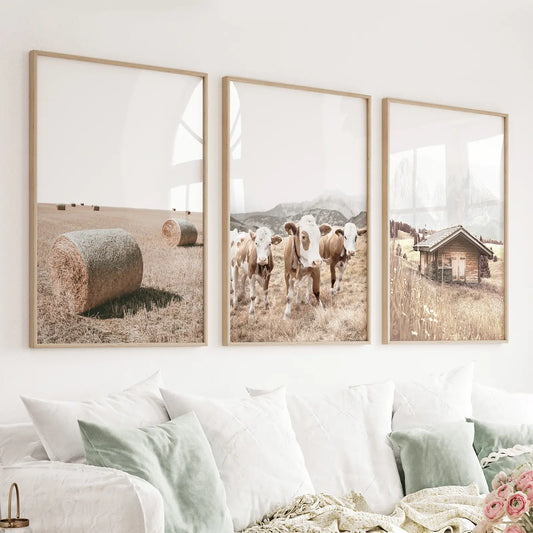 Rustic Fall Set of 3 Posters. Wooden Barn, Cows, Hay Bales