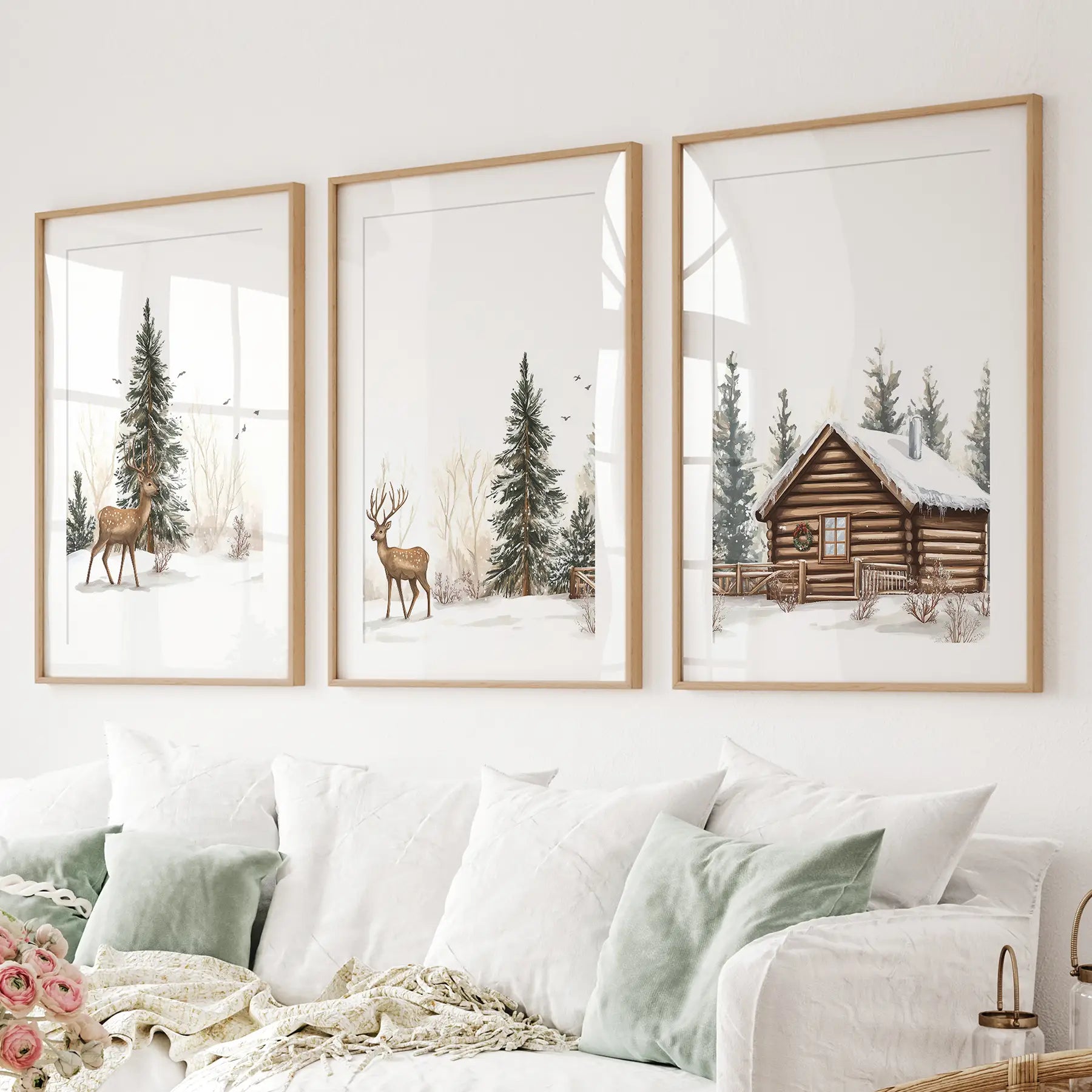 Set of 3 prints Log cabin, and forest deer in a serene scene. Thinwood frames with mat for living room.