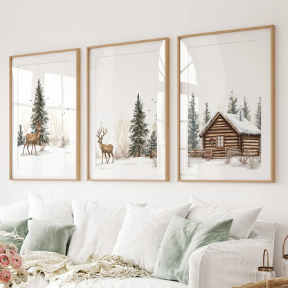 Set of 3 prints Log cabin, and forest deer in a serene scene. Thinwood frames with mat for living room.