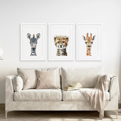 Neutral Modern Safari Art Decor Print Set. White Frames with Mat Above the Sofa.