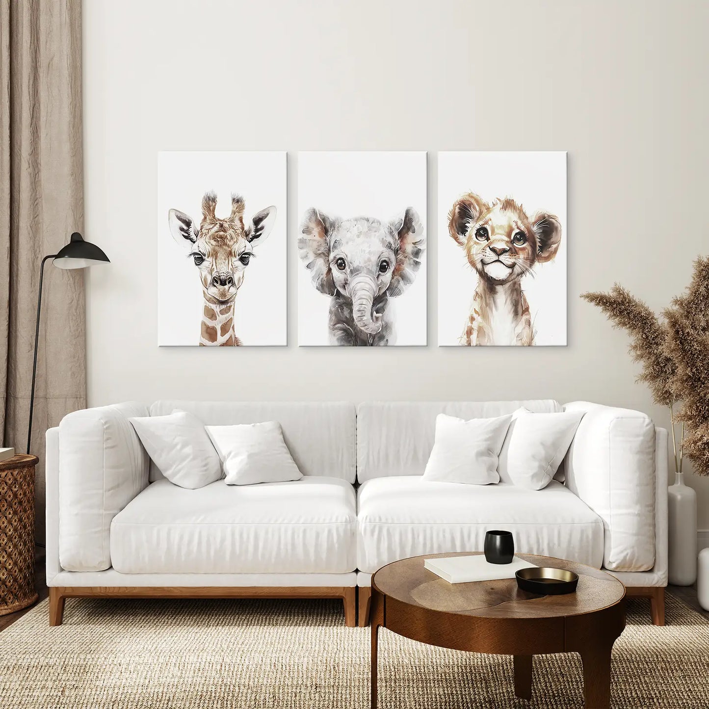 Modern Jungle Watercolor Wall Art Print Set. Wrapped Canvas Above the Sofa.