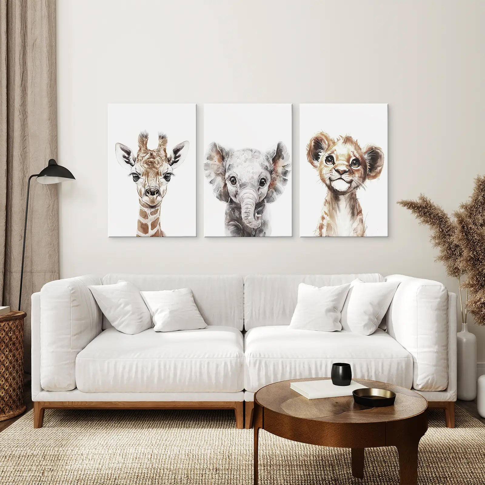 Modern Jungle Watercolor Wall Art Print Set. Wrapped Canvas Above the Sofa.