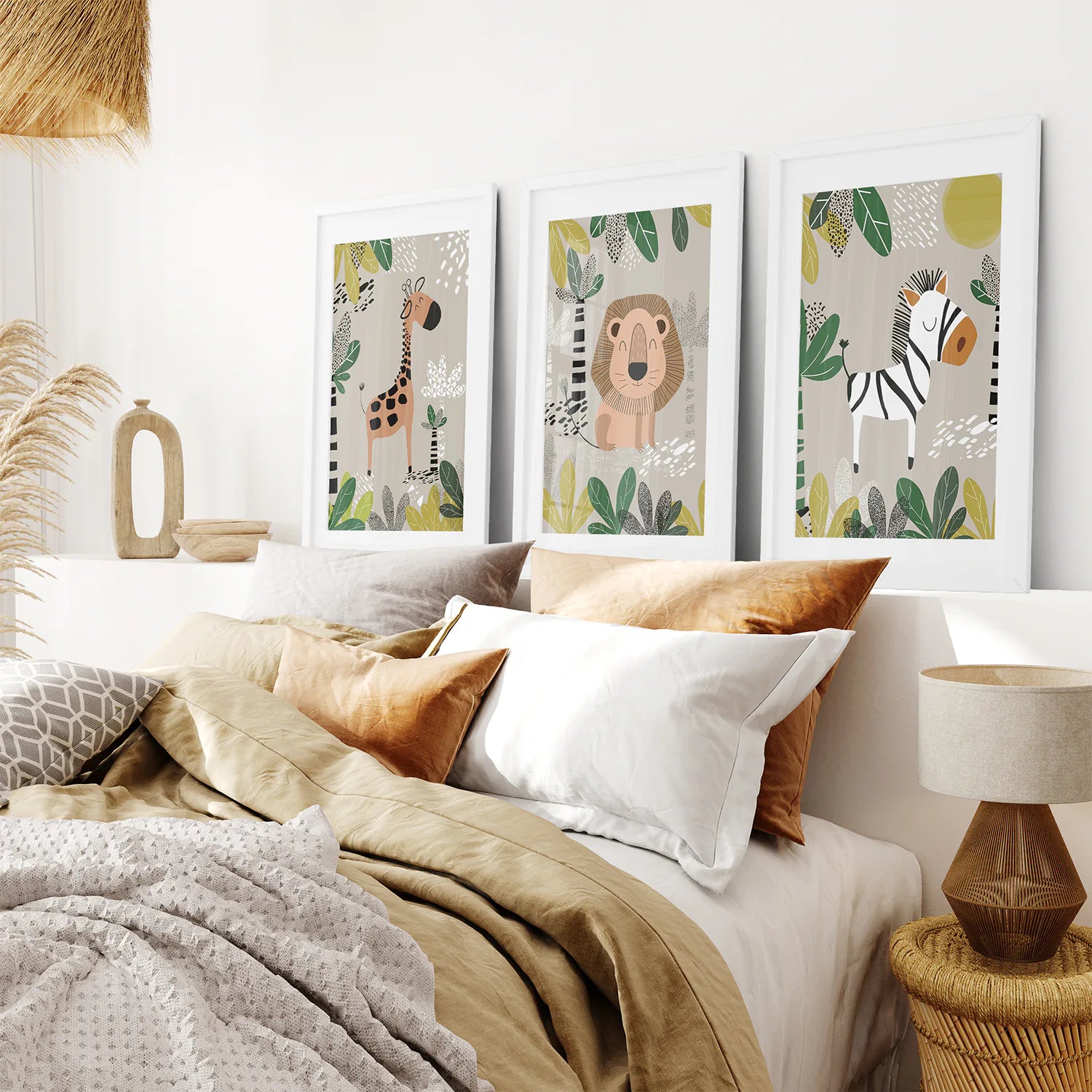 Boho Nursery Art Prints for Kids. White Frames with Mat Over the Bed. 