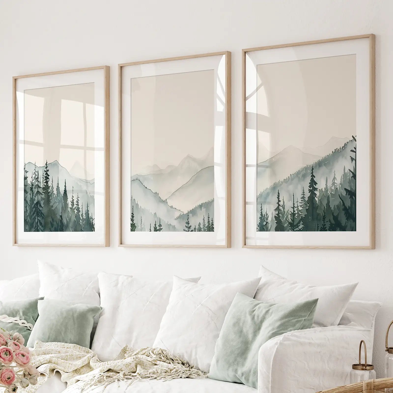 Set of 3 Forest Minimalist Poster Print Nature Decor. Thinwood Frames with Mat Over the Couch.