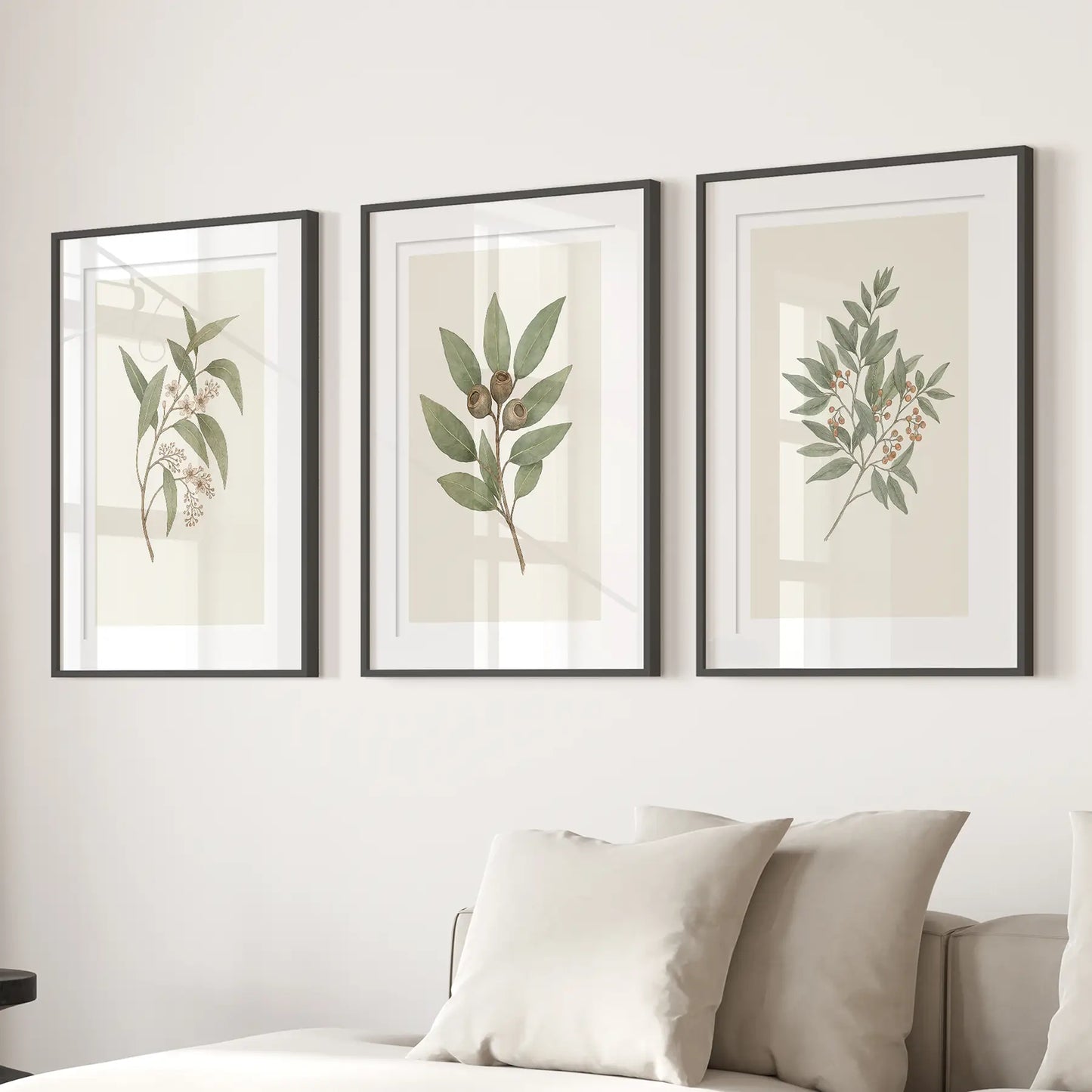 Minimalistic Wall Art Vintage Flowers Home Decor Set. Black Frames with Mat Over the Couch.
