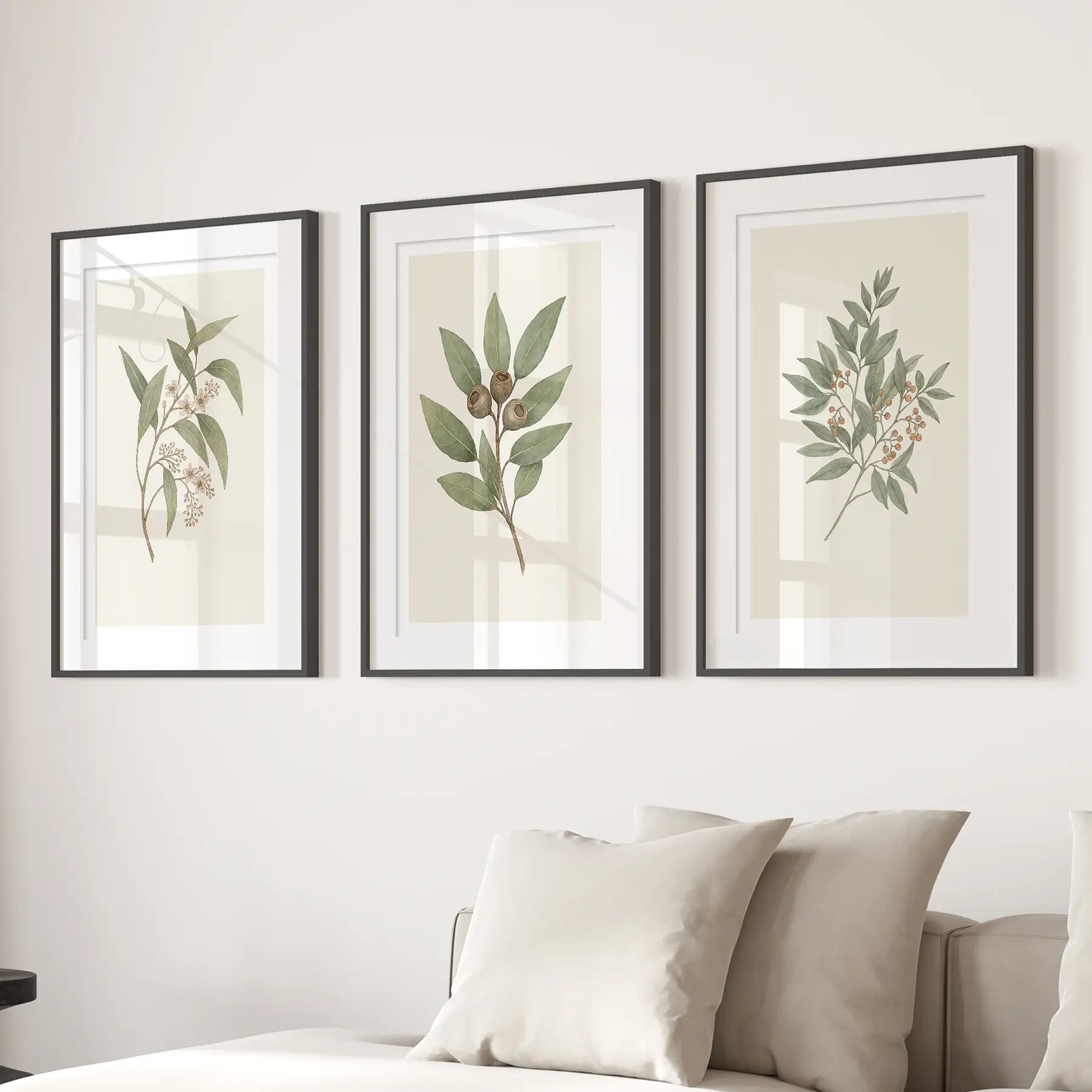 Minimalistic Wall Art Vintage Flowers Home Decor Set. Black Frames with Mat Over the Couch.