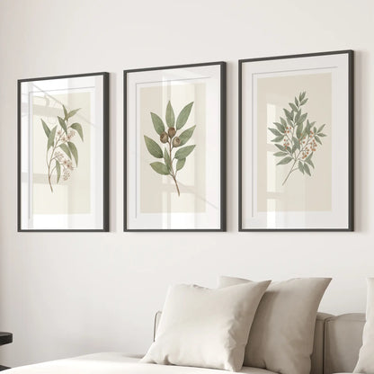 Minimalistic Wall Art Vintage Flowers Home Decor Set. Black Frames with Mat Over the Couch.