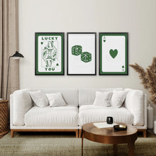 Load image into Gallery viewer, Funky Wall Art Set. Green Ace Poster.Black Frame Over the Coach
