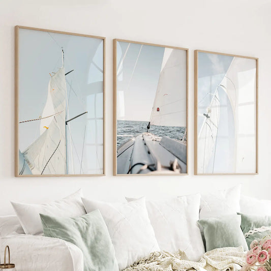 Nautical 3 Piece Wall Art. Sailing at Sea on a Yacht