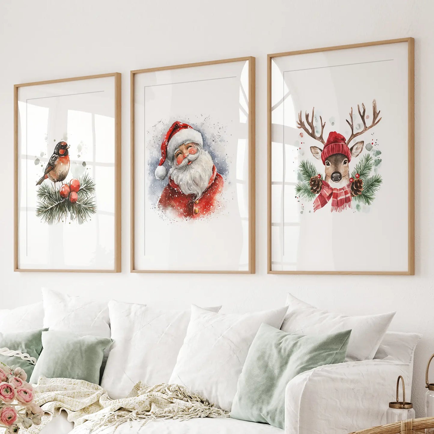 Santa Claus holiday print with snowy watercolor design, Christmas decor. Thinwood frames with mat above the sofa.