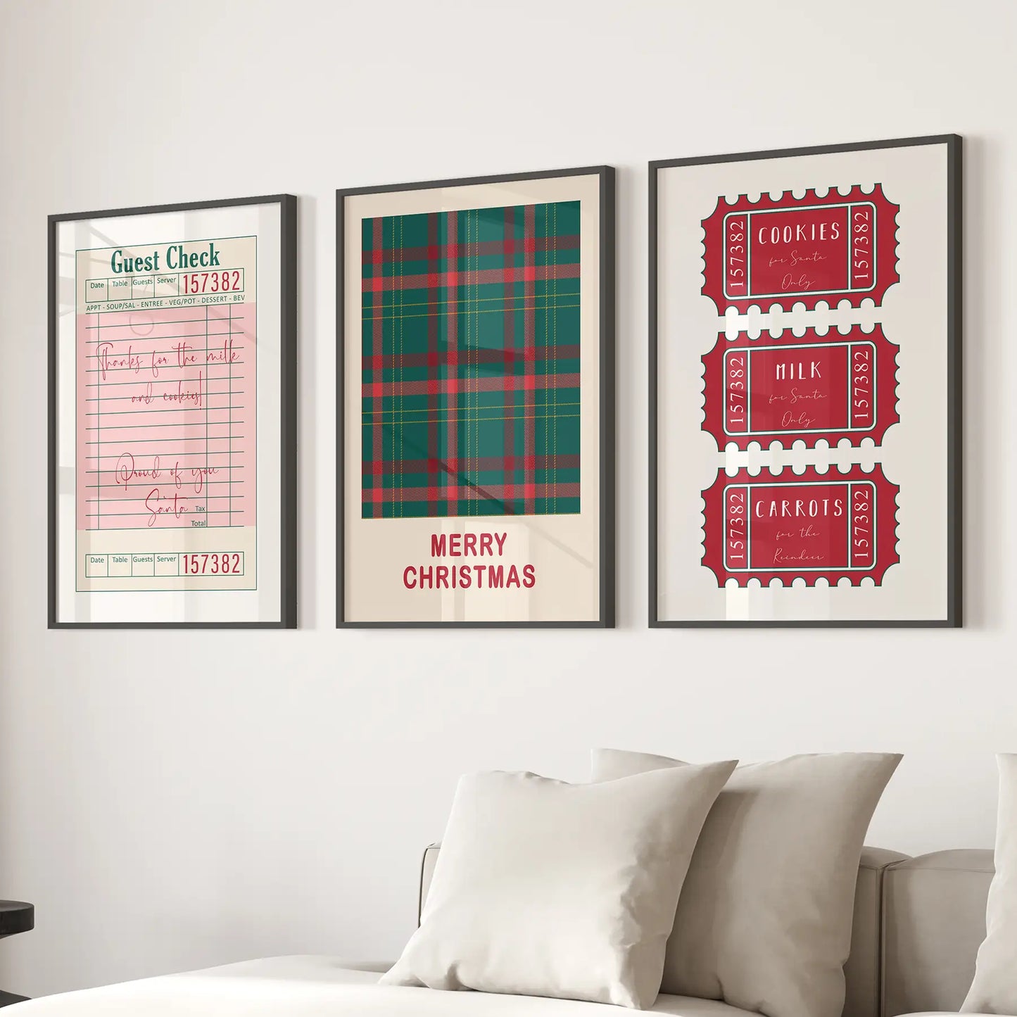 Santa print guest check wall art retro ticket poster. Xmas posters holiday art. Black frames for living room.