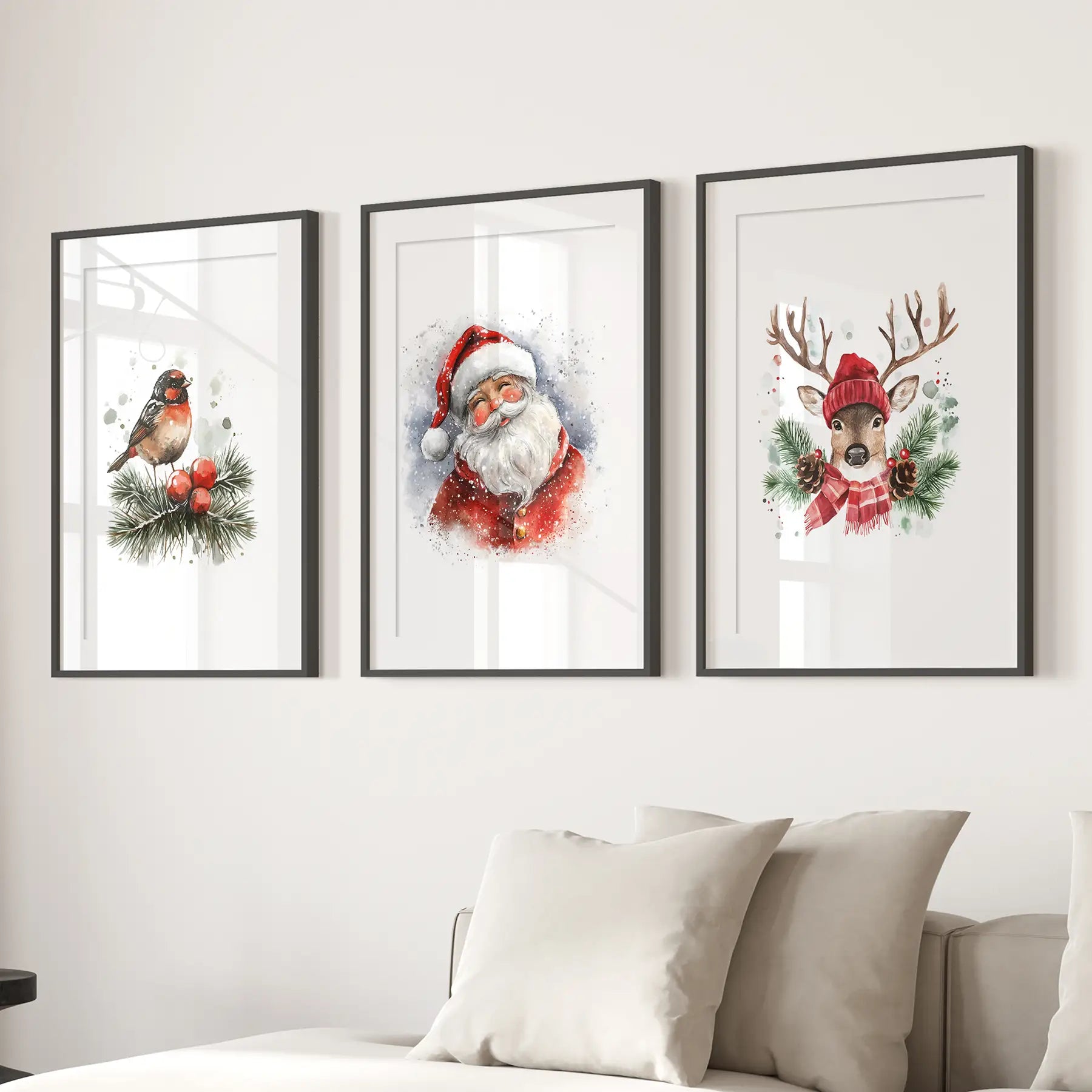 Watercolor Santa Claus Christmas print wall art. Christmas holiday apartment wall decor. Black frames with mat for living room.