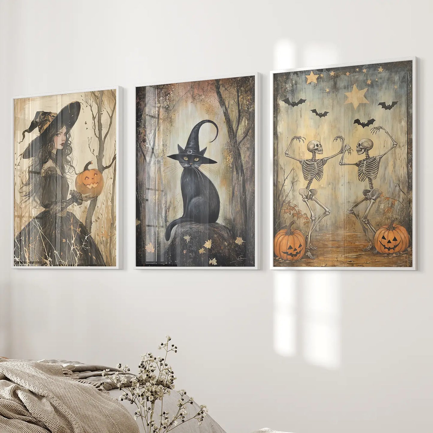 Modern Halloween Art Decoration Seasonal Wall Set. White Frames Above the Bed.