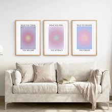 Load image into Gallery viewer, Psychedelic Affirmation Aura Decor. Thin Wood Frames Above the Sofa.
