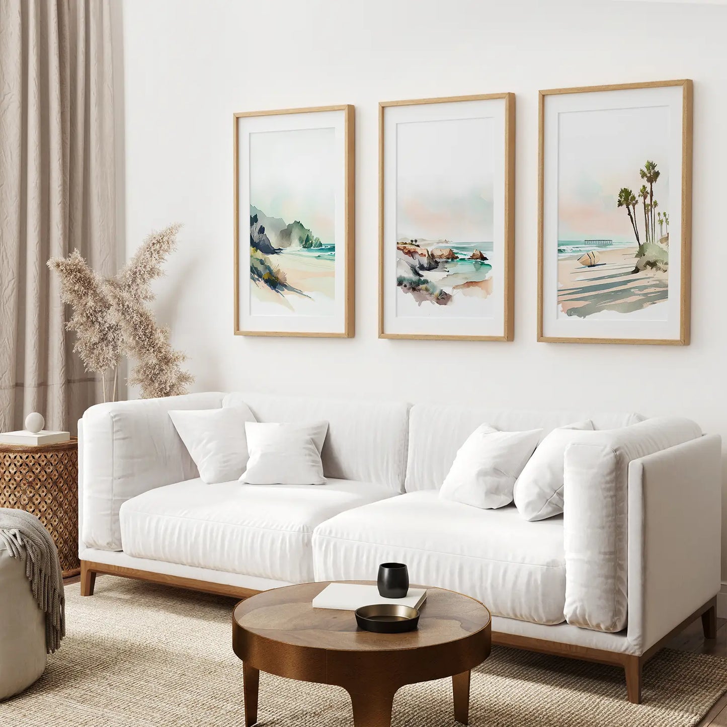 Watercolor Landscape Prints for Living Room. Thin Wood Frames with Mat Over the Couch.