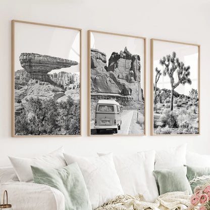 Black White Desert Nature Wall Art Set. Cliff, Van, Tree