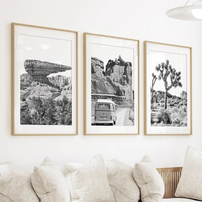 Black White Desert Nature Wall Art Set. Cliff, Van, Tree