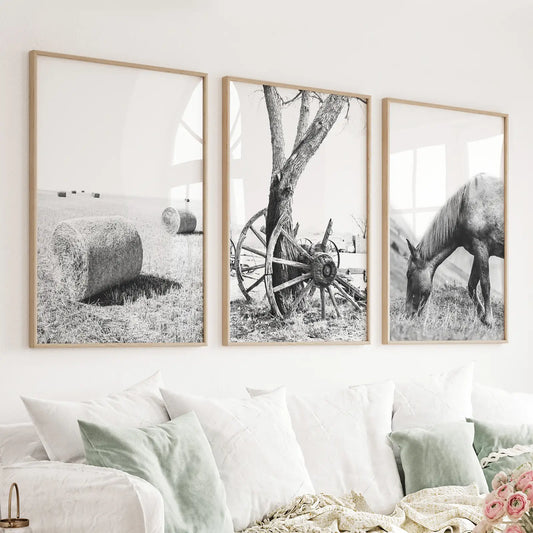 Black White Farm House Wall Décor. Horse, Hay Bales