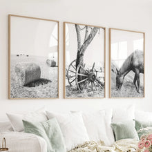 Load image into Gallery viewer, Black White Farm House Wall Décor. Horse, Hay Bales
