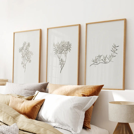 Bedroom decor vintage wall art plants posters . Thinwood frames above the bed.
