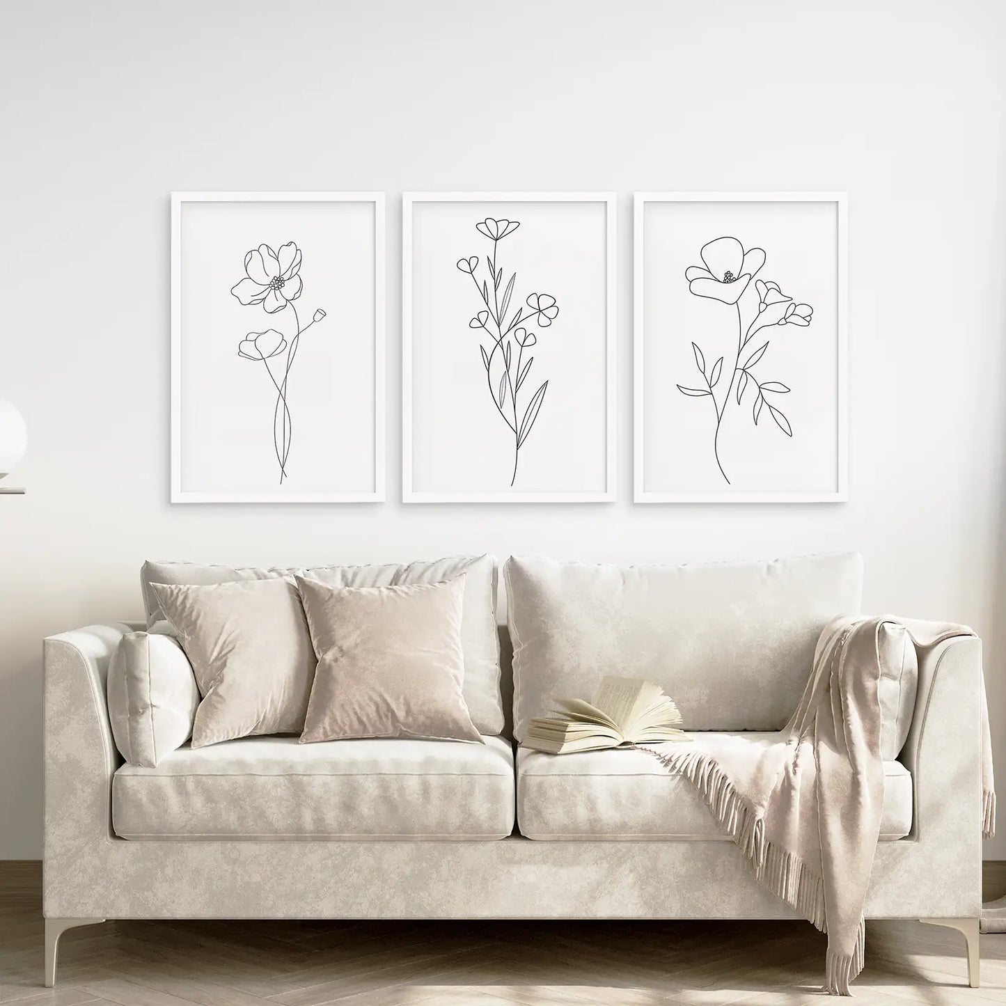 Minimalist Flower Wall Decor Printable Modern Art. White Frames Above the Sofa.