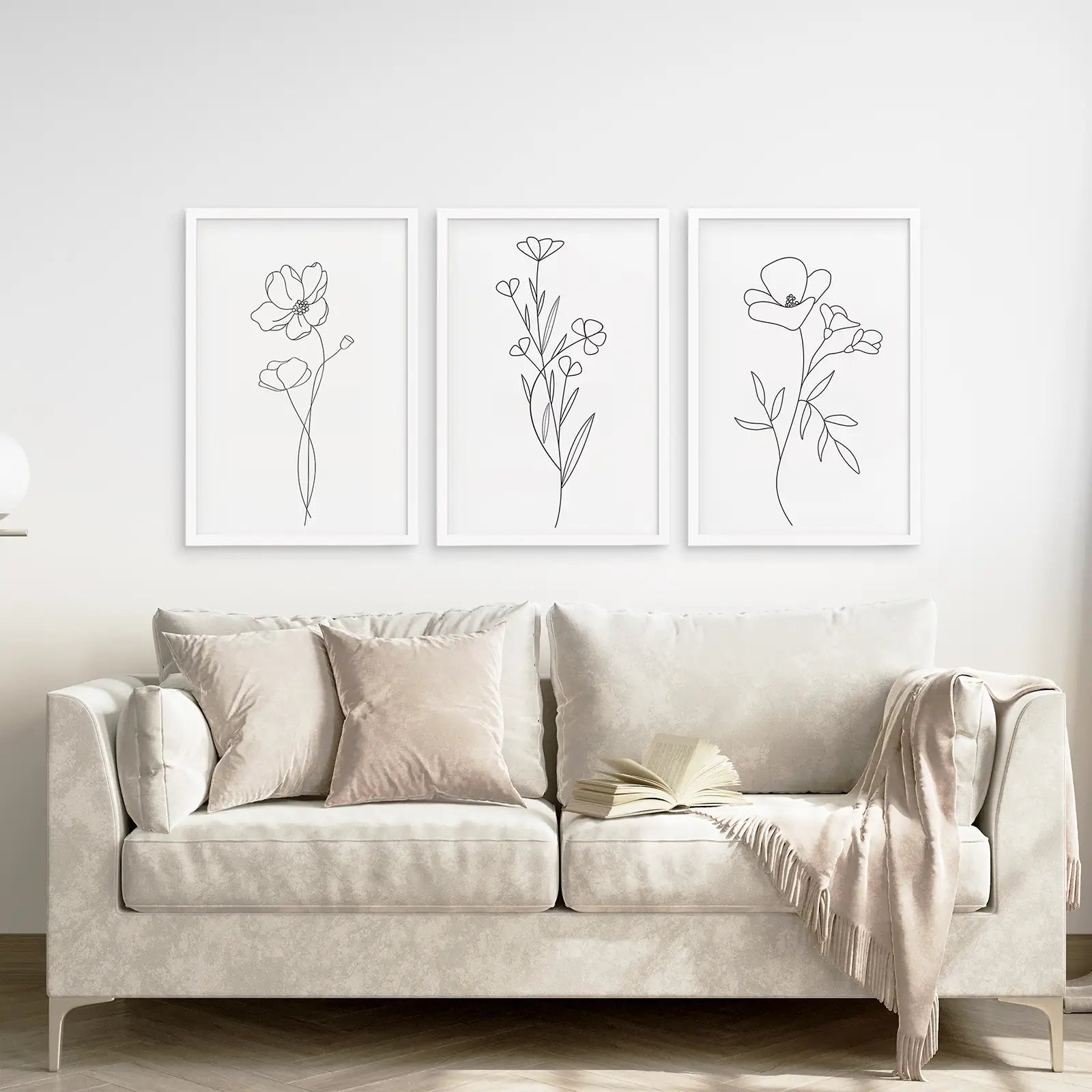 Minimalist Flower Wall Decor Printable Modern Art. White Frames Above the Sofa.