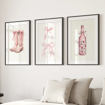 Coquette Bow Cowgirl Boots Print Apartment Aesthetic Set. Black Frames with Mat Over the Couch.