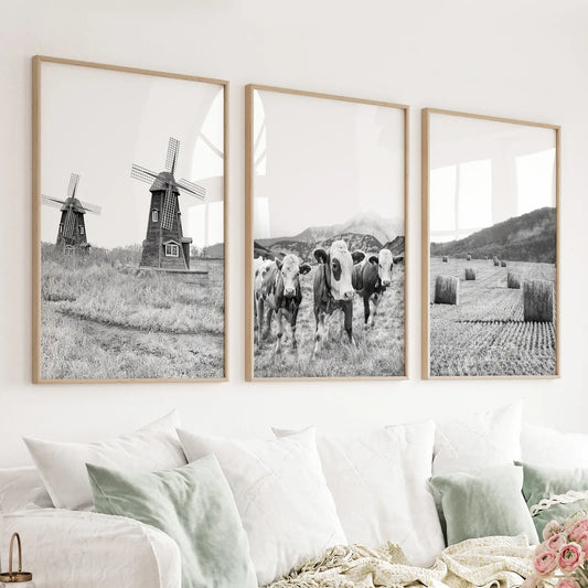 Farmhouse Black White Wall Art. Windmill, 3 Cows, Hay Bales