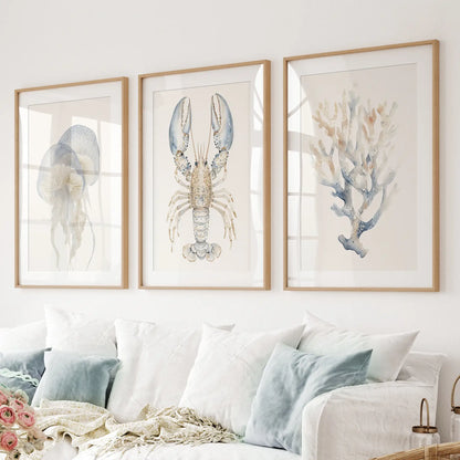 Watercolor sea life illustration. Neutral beach bathroom decor. Thinwood frames with mat for living room.