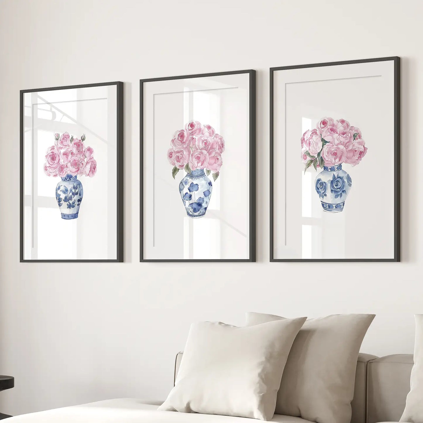 Trendy Chinoiserie Hampton Style Wall Art Poster. Black Frames with Mat Above the Sofa. 