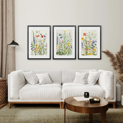 Colorful Flower Wall Art Trendy Poster Decor. Black Frames with Mat Above the Sofa.